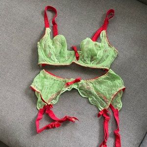 Agent Provocateur - green and red bra and panty hold-up set